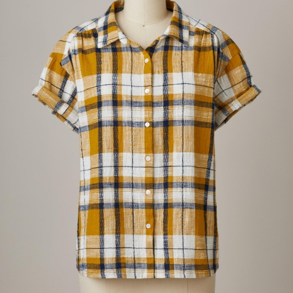 Small Yellow & Blue Short Sleeve Button Up Plaid - Picture 2 of 4